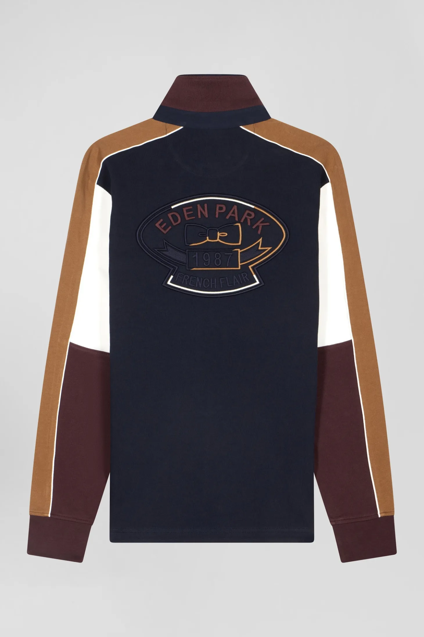 Regular burgundy long-sleeved cotton rugby shirt with back embroidery and piping
