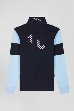 Regular burgundy long-sleeved colourblock cotton rugby shirt with back embroidery
