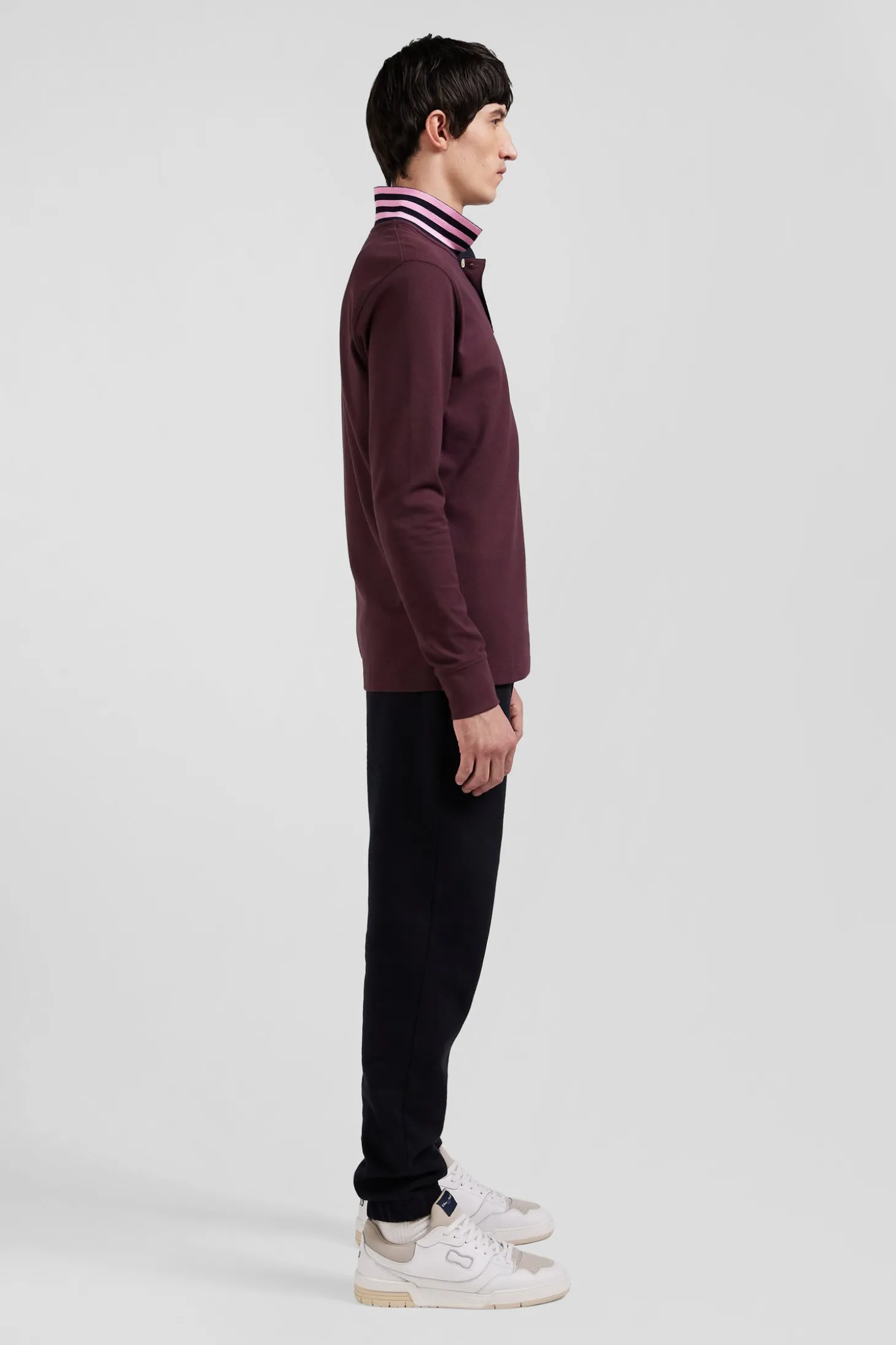 Regular burgundy long-sleeved cotton piqué polo shirt