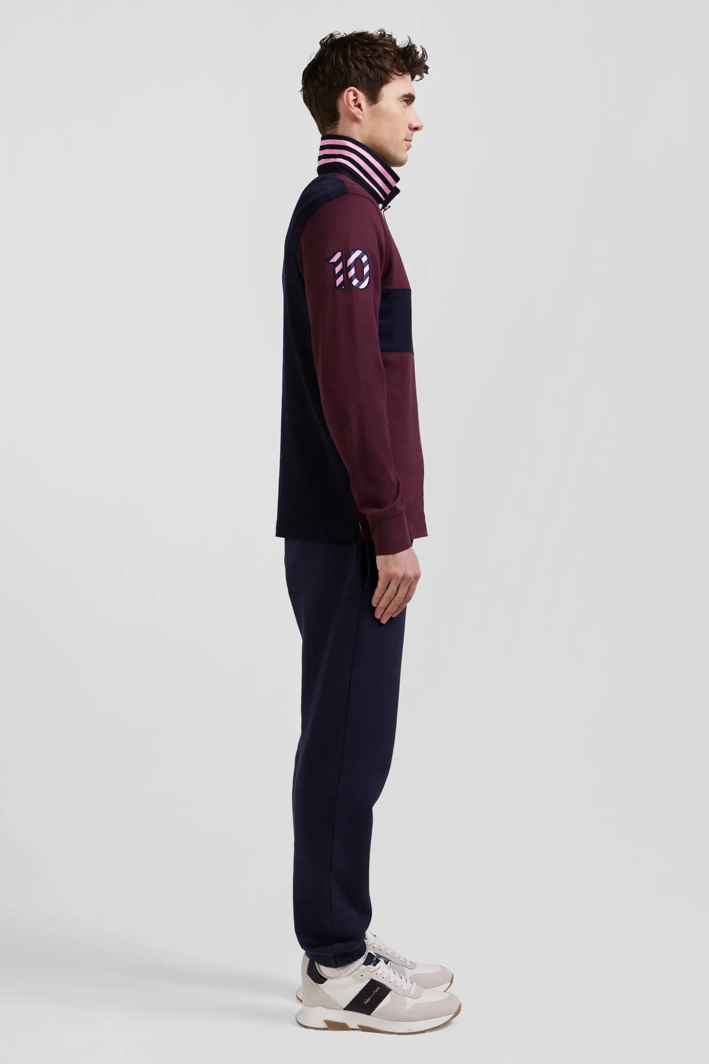Regular burgundy long-sleeved cotton rugby shirt with sleeve N°10 embroidery