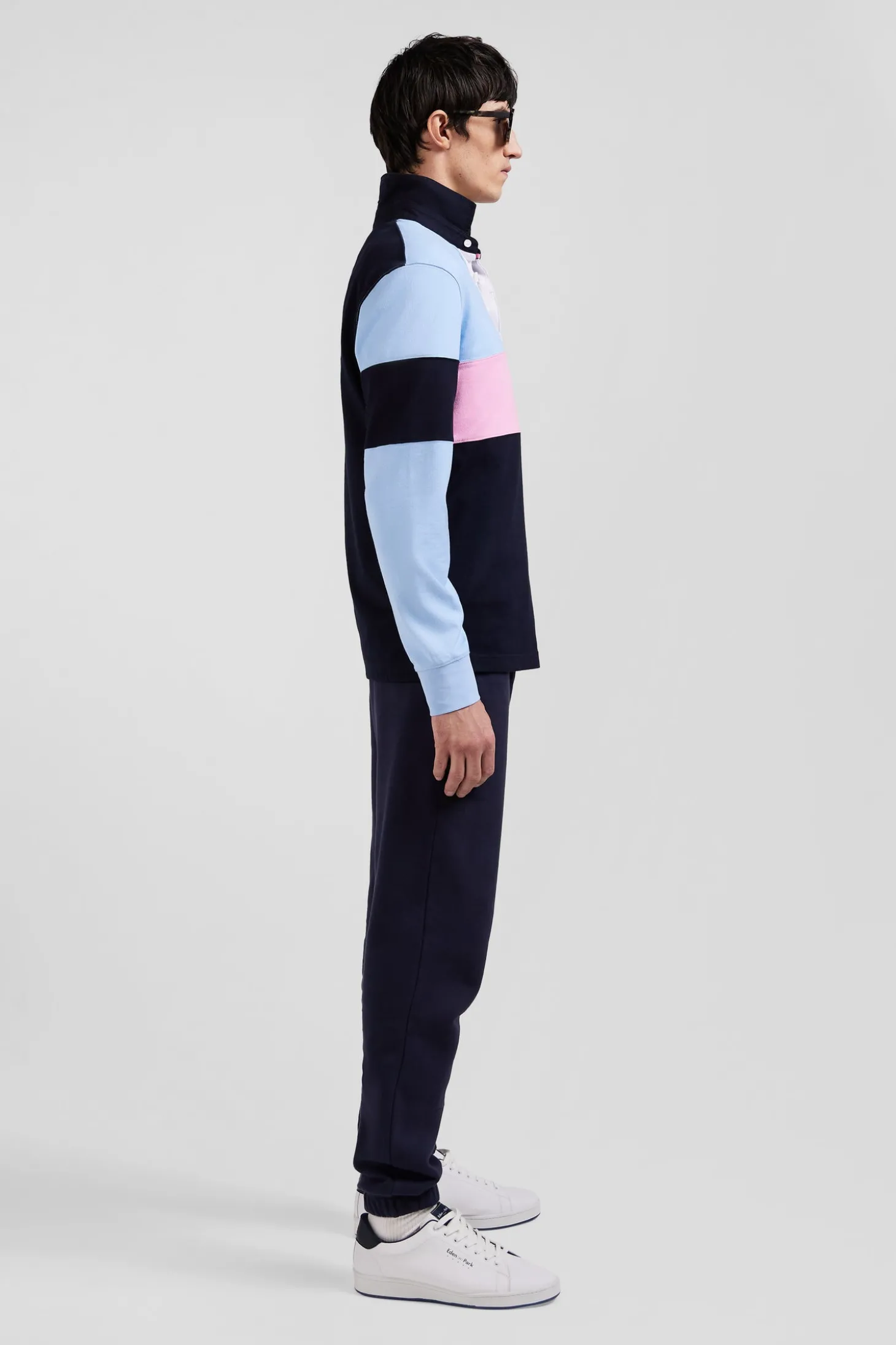 Regular burgundy long-sleeved colourblock cotton rugby shirt with back embroidery
