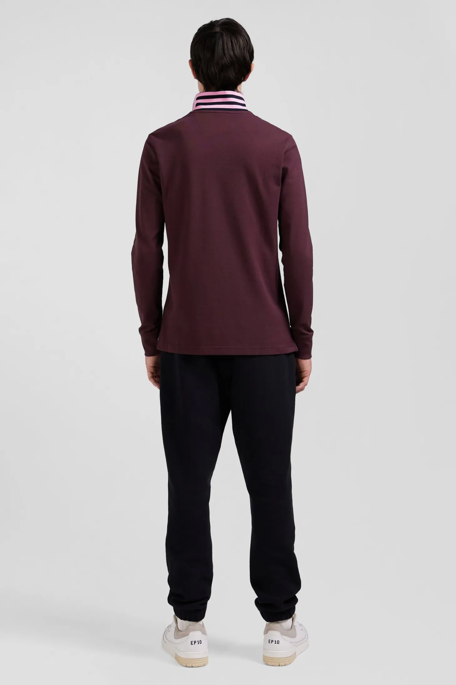 Regular burgundy long-sleeved cotton piqué polo shirt