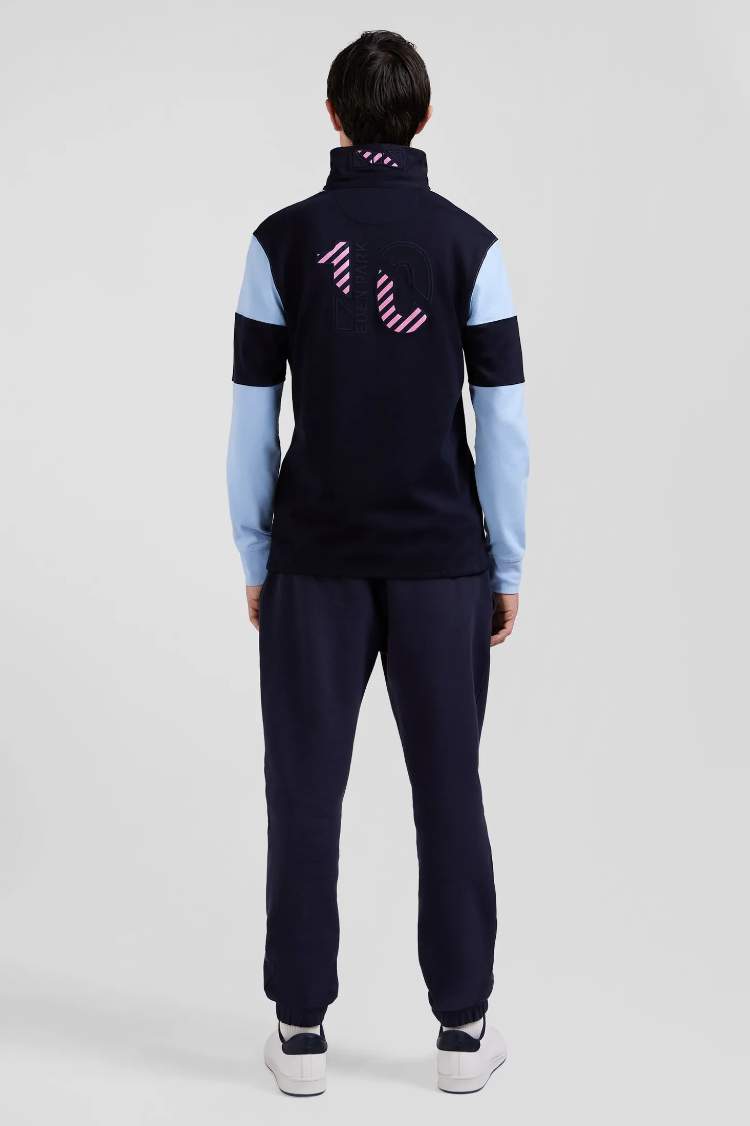 Regular burgundy long-sleeved colourblock cotton rugby shirt with back embroidery