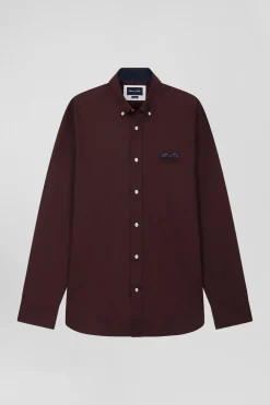 Regular burgundy oxford cotton shirt with striped bow tie detail