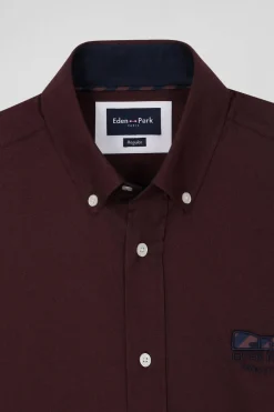 Regular burgundy oxford cotton shirt with striped bow tie detail
