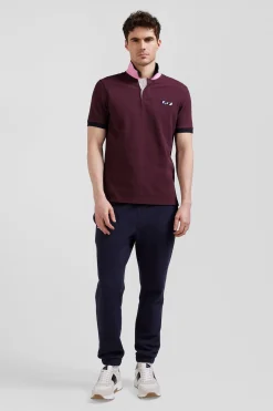 Regular burgundy short-sleeved cotton piqué polo shirt with striped embroidery