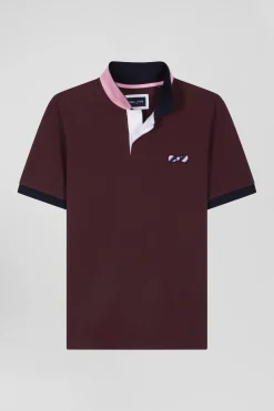 Regular burgundy short-sleeved cotton piqué polo shirt with striped embroidery