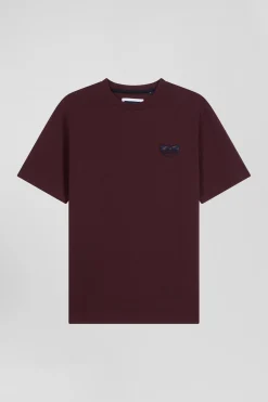 Regular burgundy short-sleeved cotton T-shirt with tie patchwork emblem