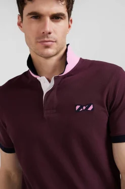 Regular burgundy short-sleeved cotton piqué polo shirt with striped embroidery