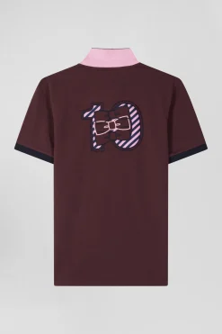 Regular burgundy short-sleeved cotton piqué polo shirt with striped embroidery