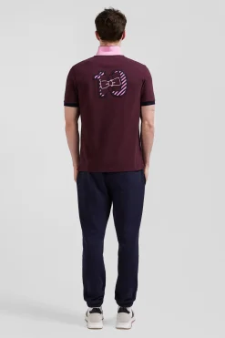 Regular burgundy short-sleeved cotton piqué polo shirt with striped embroidery