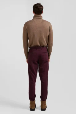 Regular burgundy stretch cotton piqué and modal chino trousers