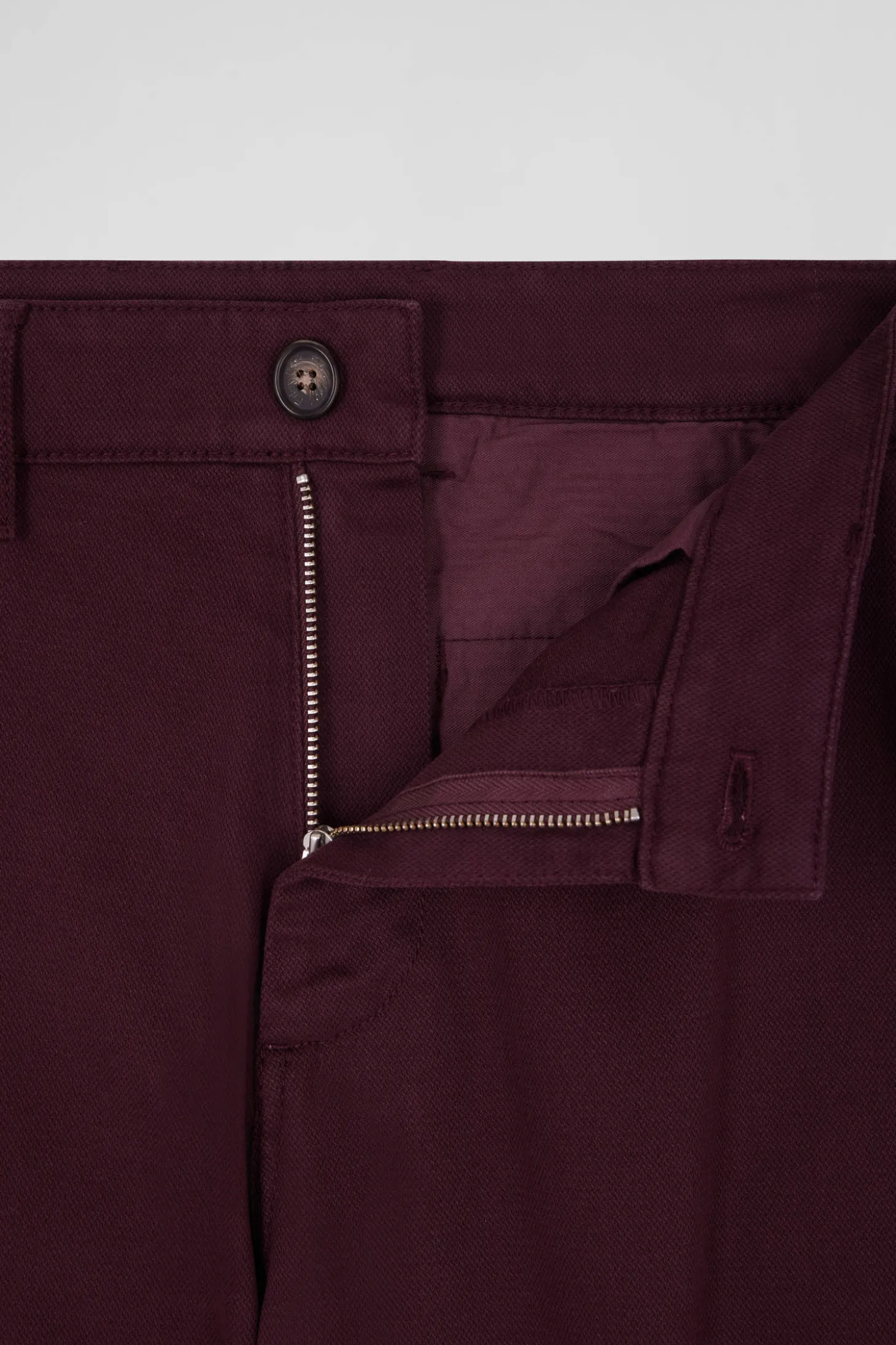 Regular burgundy stretch cotton piqué and modal chino trousers