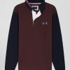 Regular burgundy striped long-sleeved cotton rugby shirt with tie fabric patchwork