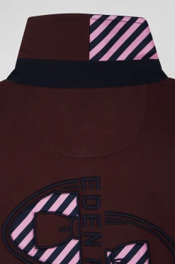 Regular burgundy striped long-sleeved cotton rugby shirt with tie fabric patchwork