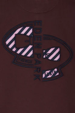 Regular burgundy striped long-sleeved cotton rugby shirt with tie fabric patchwork