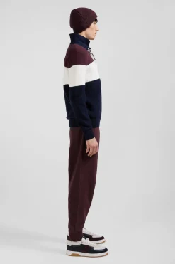 Regular burgundy wool and cotton jumper with knit patterns and rugby shirt collar