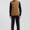 Regular camel bicolor long-sleeved cotton piqué polo shirt with jacquard collar