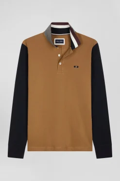 Regular camel bicolor long-sleeved cotton piqué polo shirt with jacquard collar