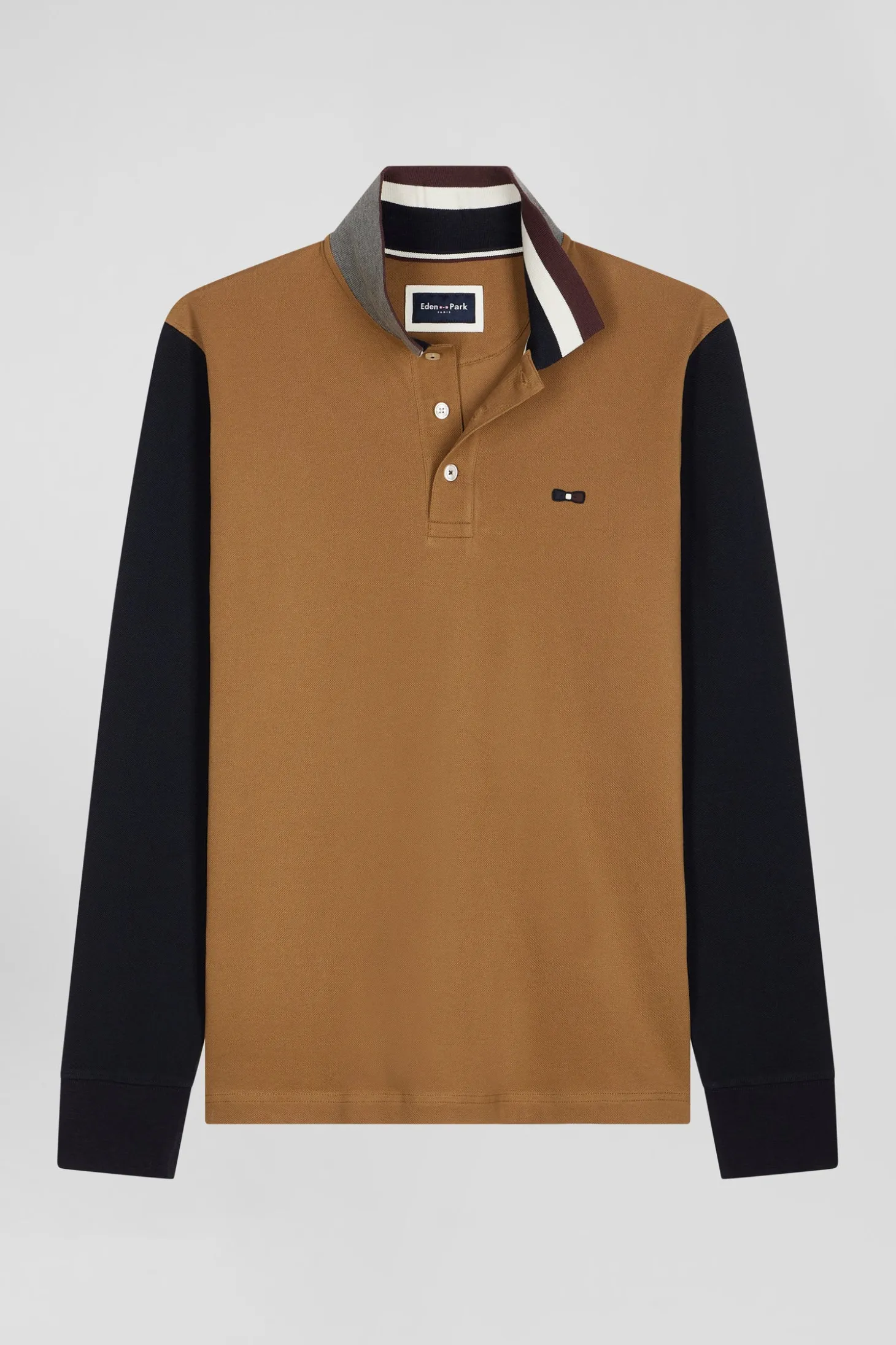 Regular camel bicolor long-sleeved cotton piqué polo shirt with jacquard collar