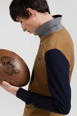 Regular camel bicolor long-sleeved cotton piqué polo shirt with jacquard collar