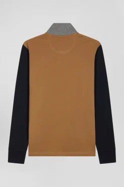 Regular camel bicolor long-sleeved cotton piqué polo shirt with jacquard collar
