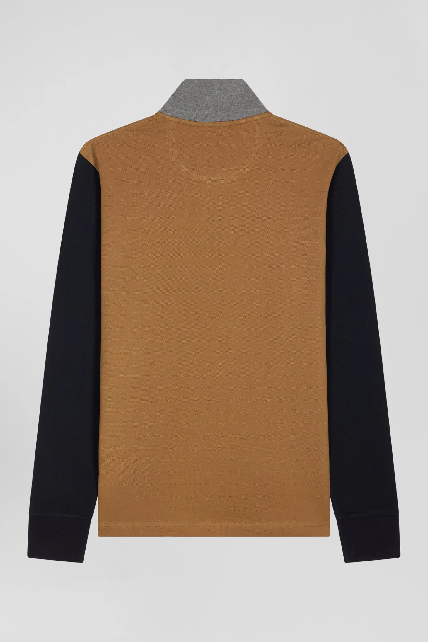 Regular camel bicolor long-sleeved cotton piqué polo shirt with jacquard collar