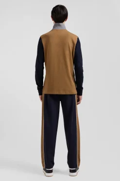 Regular camel bicolor long-sleeved cotton piqué polo shirt with jacquard collar