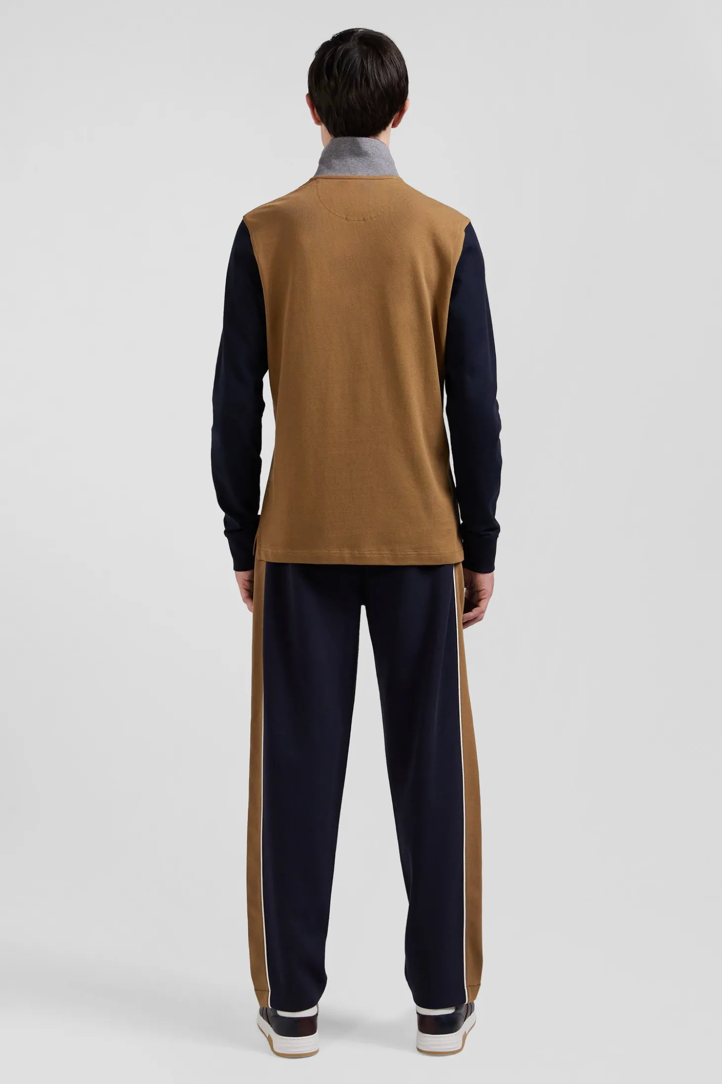 Regular camel bicolor long-sleeved cotton piqué polo shirt with jacquard collar