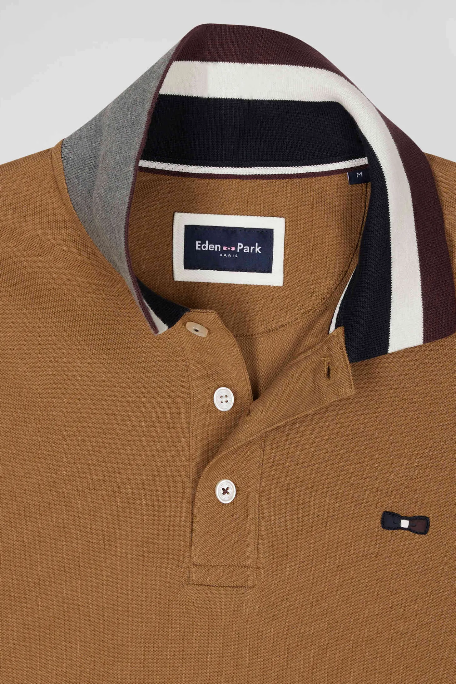Regular camel bicolor long-sleeved cotton piqué polo shirt with jacquard collar
