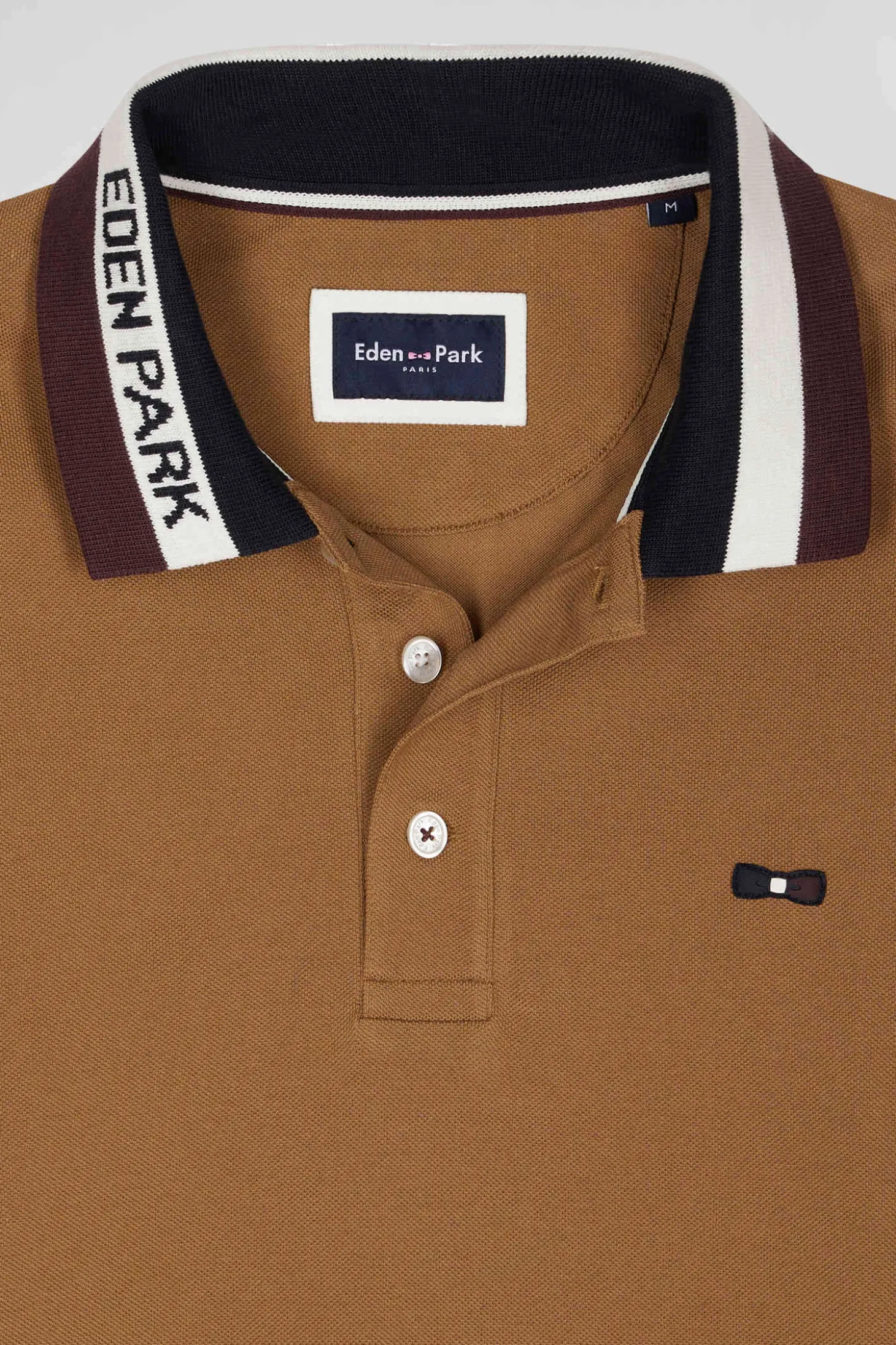 Regular camel bicolor long-sleeved cotton piqué polo shirt with jacquard collar