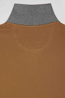 Regular camel bicolor long-sleeved cotton piqué polo shirt with jacquard collar