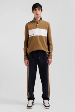 Regular camel colorblock long-sleeved cotton piqué polo shirt