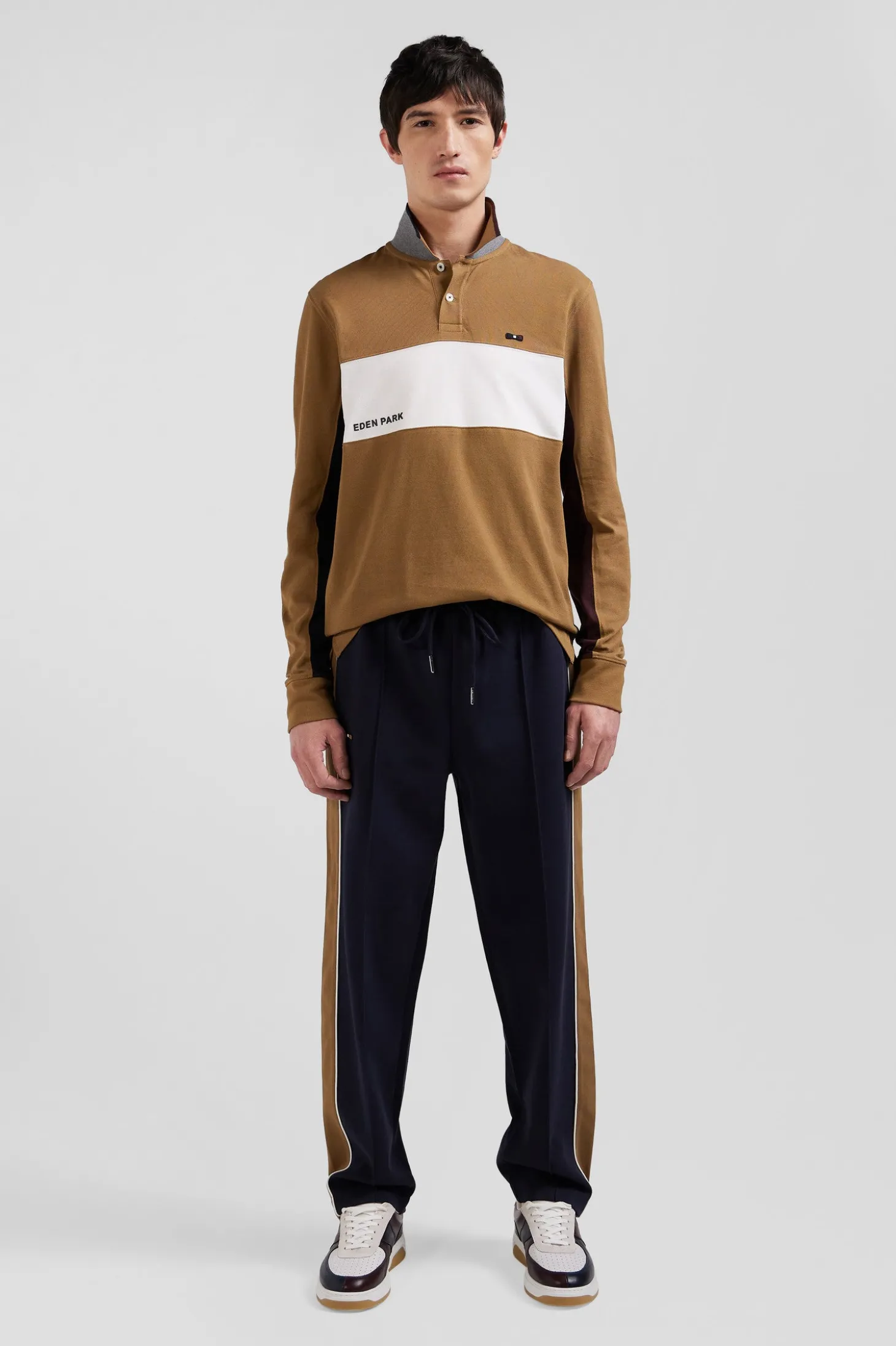 Regular camel colorblock long-sleeved cotton piqué polo shirt