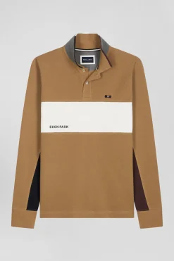 Regular camel colorblock long-sleeved cotton piqué polo shirt