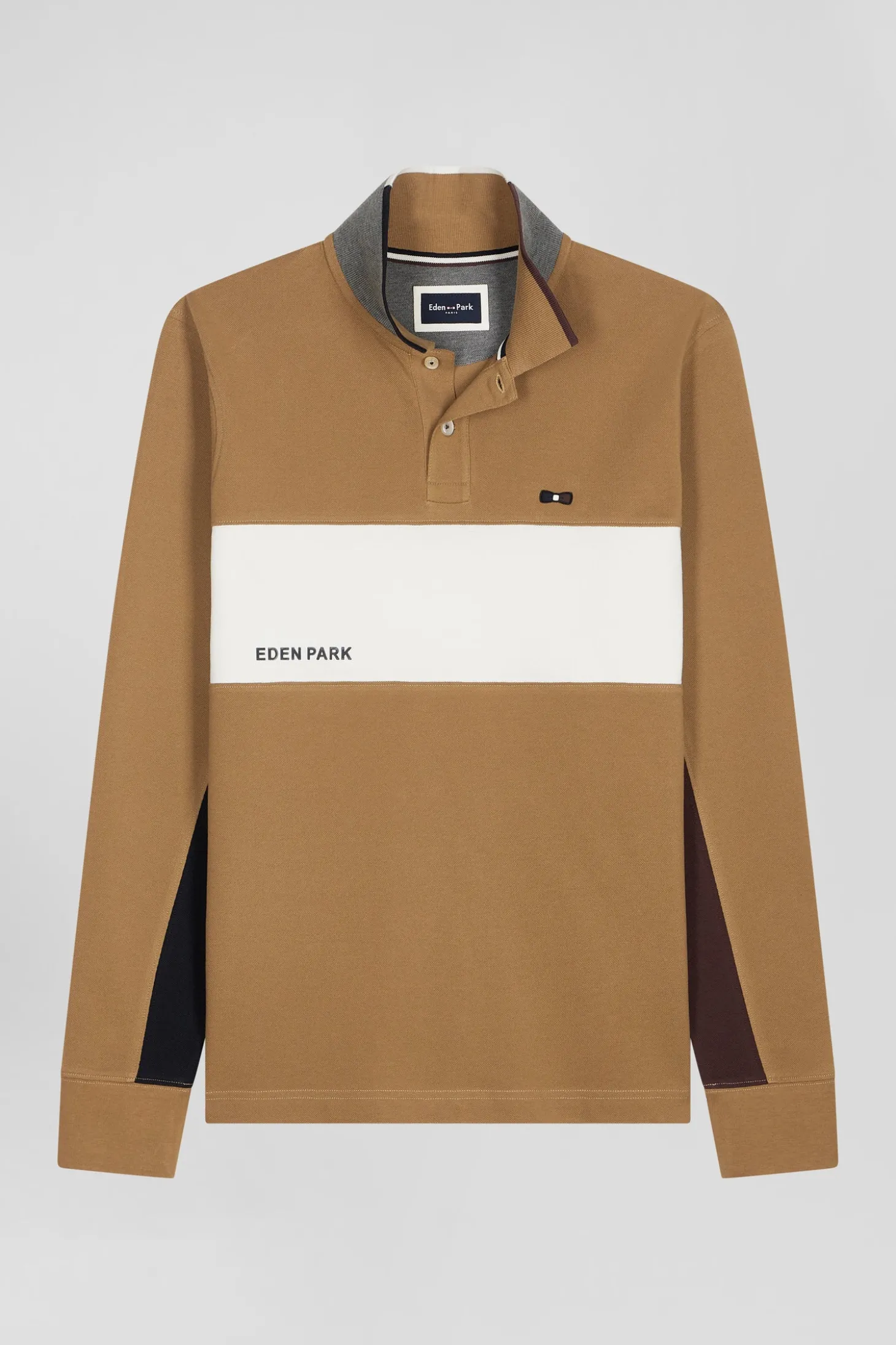 Regular camel colorblock long-sleeved cotton piqué polo shirt