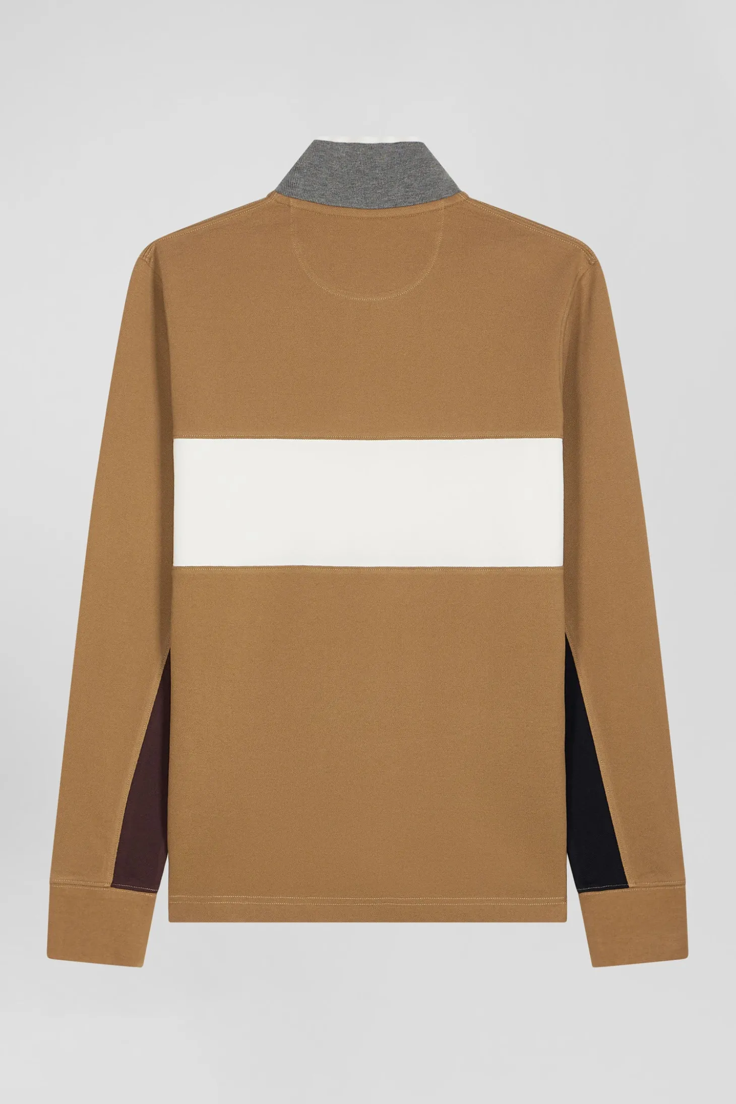 Regular camel colorblock long-sleeved cotton piqué polo shirt