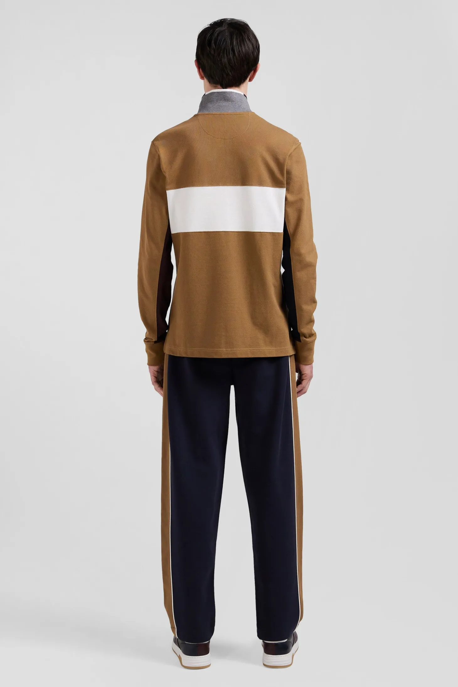 Regular camel colorblock long-sleeved cotton piqué polo shirt