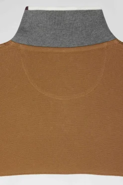 Regular camel colorblock long-sleeved cotton piqué polo shirt