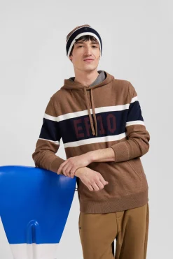 Regular camel cotton hooded jumper with EP10 jacquard