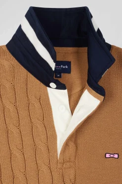 Regular camel cotton jumper with rugby shirt collar