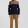 Regular camel cotton semi-zipped jumper with knit patterns