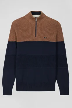 Regular camel cotton semi-zipped jumper with knit patterns