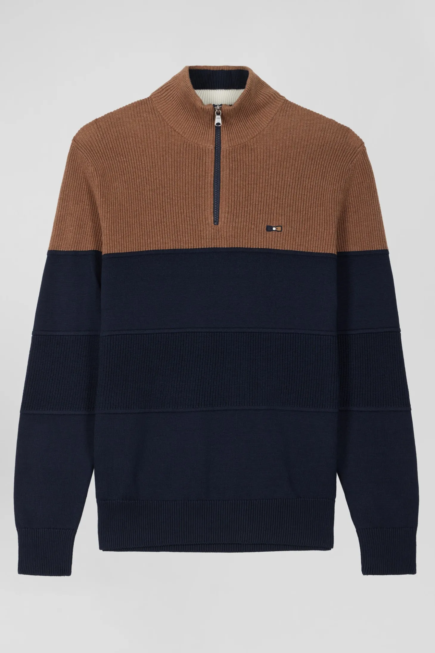 Regular camel cotton semi-zipped jumper with knit patterns
