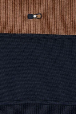 Regular camel cotton semi-zipped jumper with knit patterns