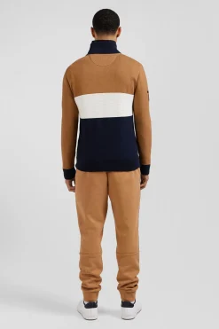 Regular camel embroidered semi-zipped colorblock cotton jumper