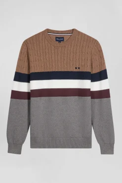 Regular camel fancy knit cotton crew neck jumper