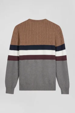 Regular camel fancy knit cotton crew neck jumper