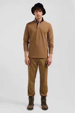 Regular camel long-sleeved cotton piqué polo shirt with striped collar