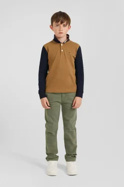 Regular camel long-sleeved cotton piqué polo shirt with tricolour Eden Park jacquard collar